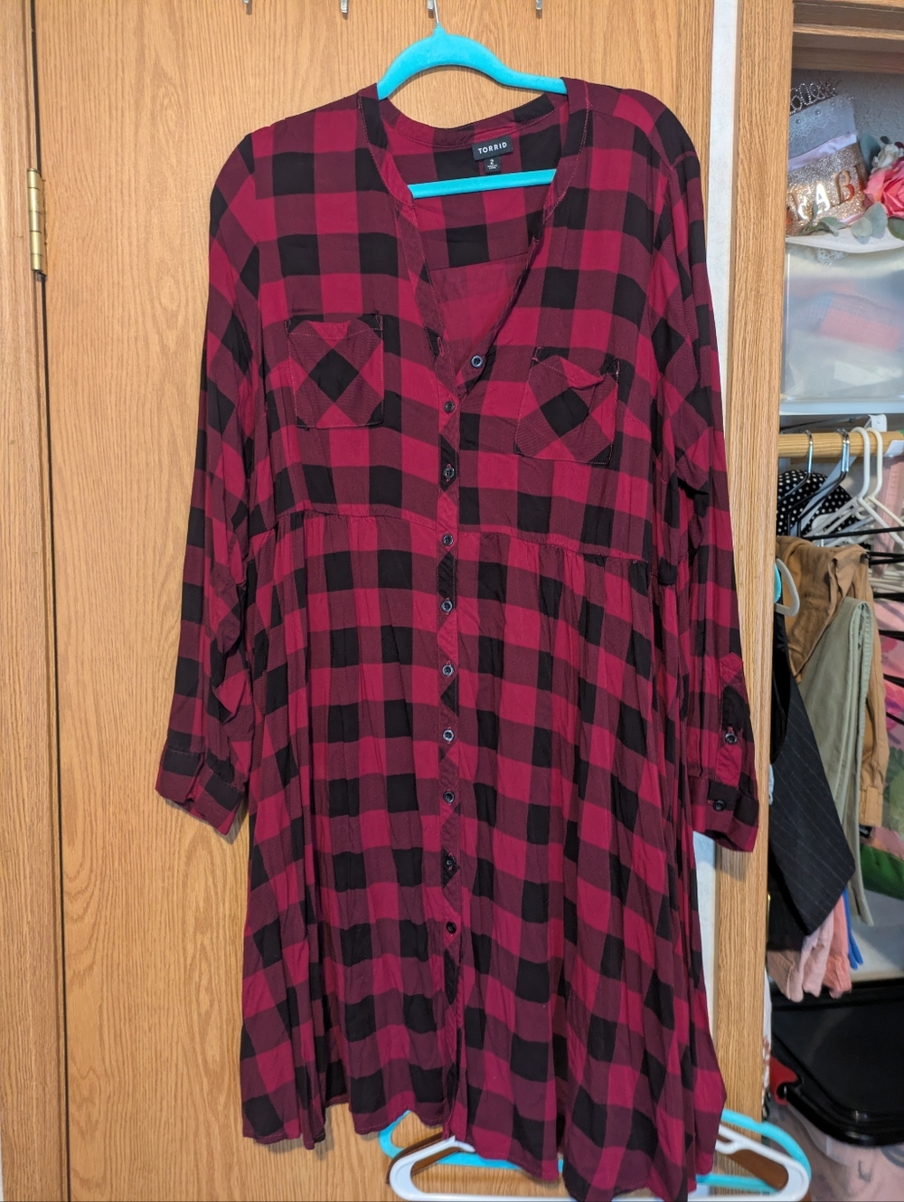 Torrid Burgundy & Black Plaid Button-Up Tunic Dress